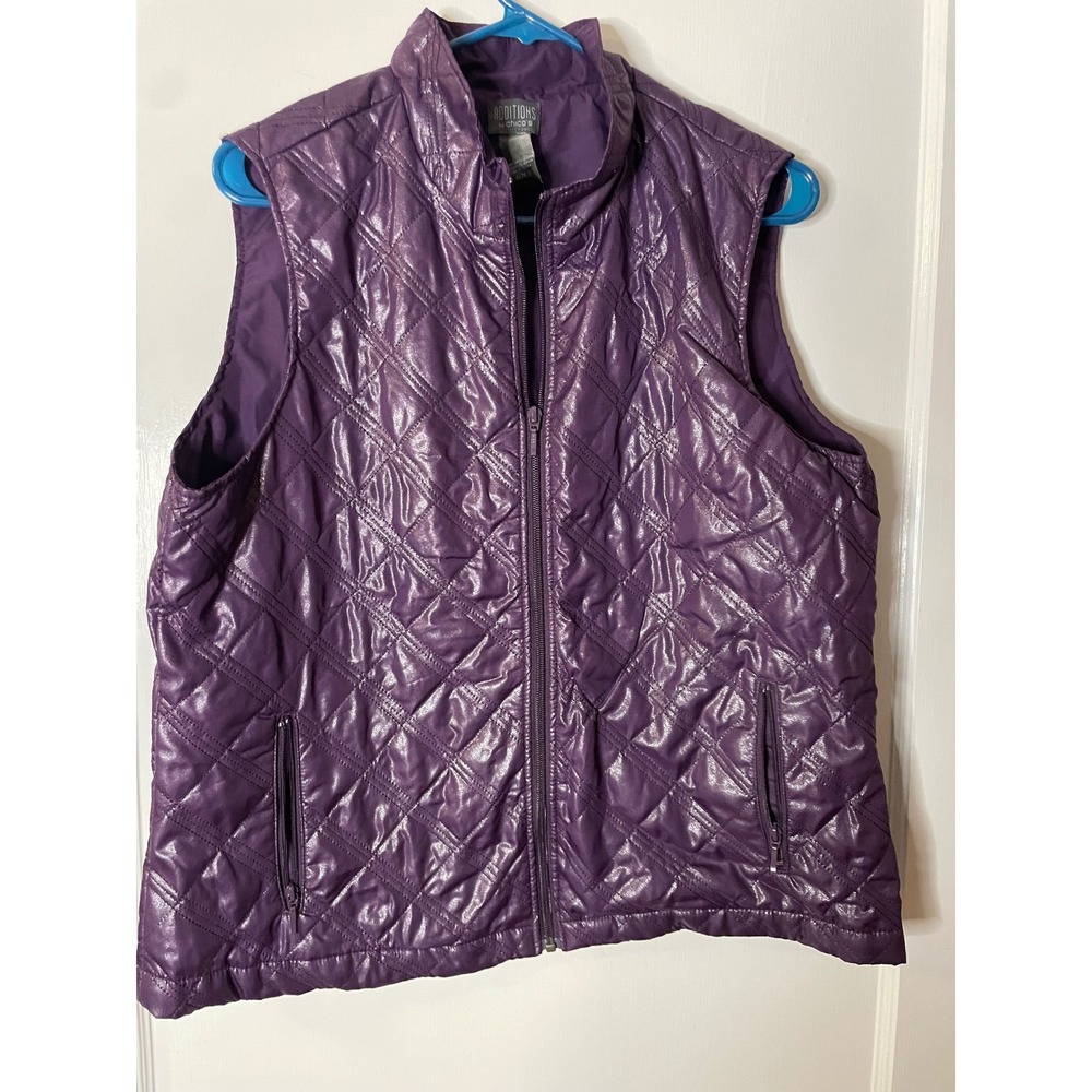 Additions by Chicos Womens Quilted Faux Leather Puffer‎ Vest Purple Size 2 large